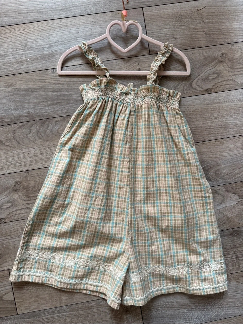 Apolina Adina shorts romper pastel check plaid with embroidery 3-5yr